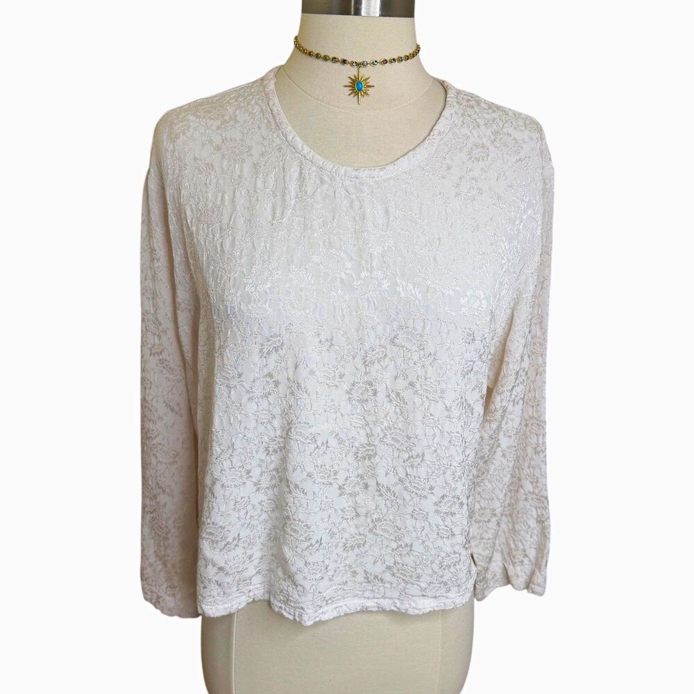 Bryn Walker White Textured Floral Jacquard Top Womens L Blouse Lagenlook Boxy
